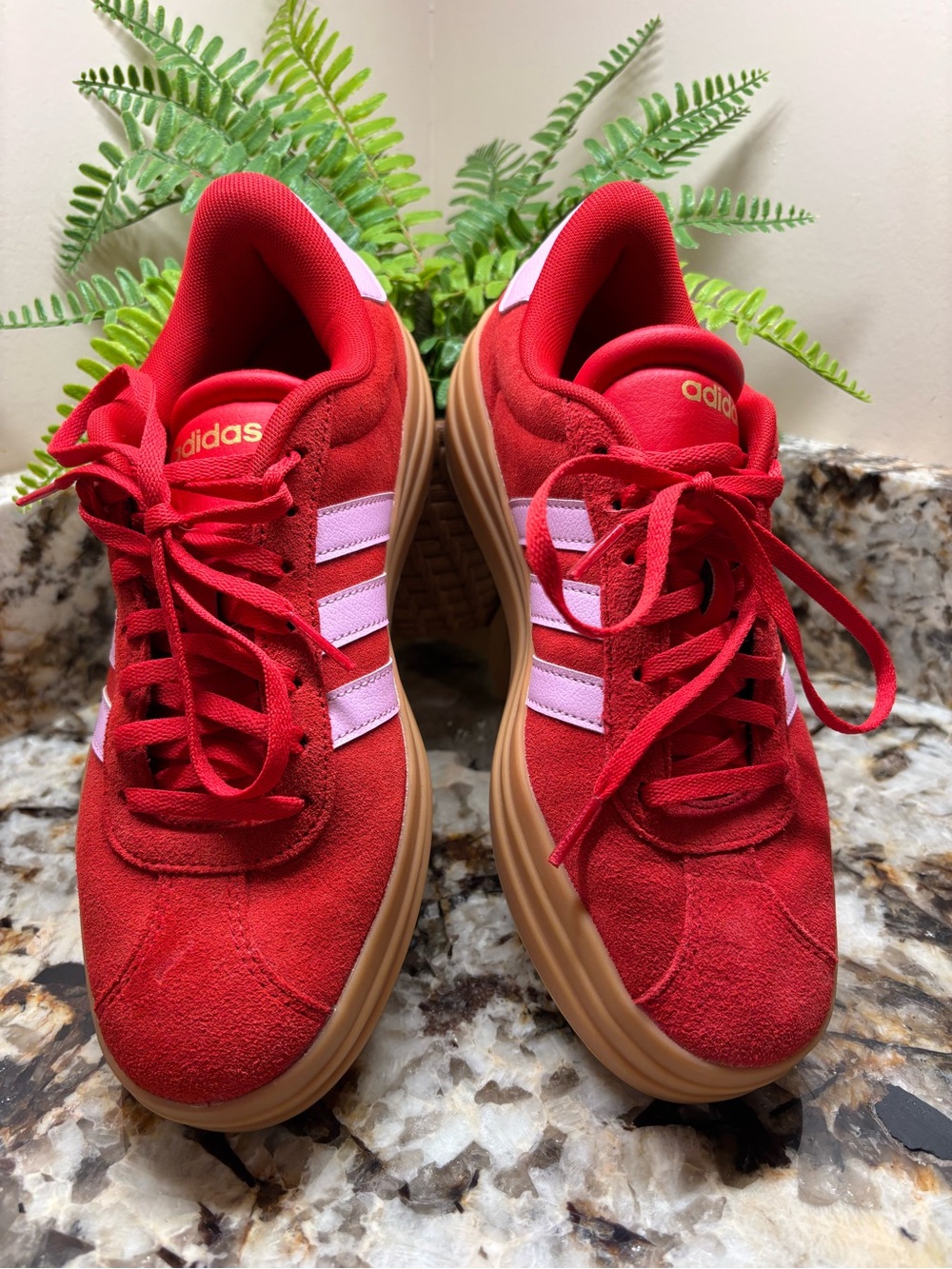 adidas Women’s Red Suede Sneakers with Pink Stripes and Gum Sole